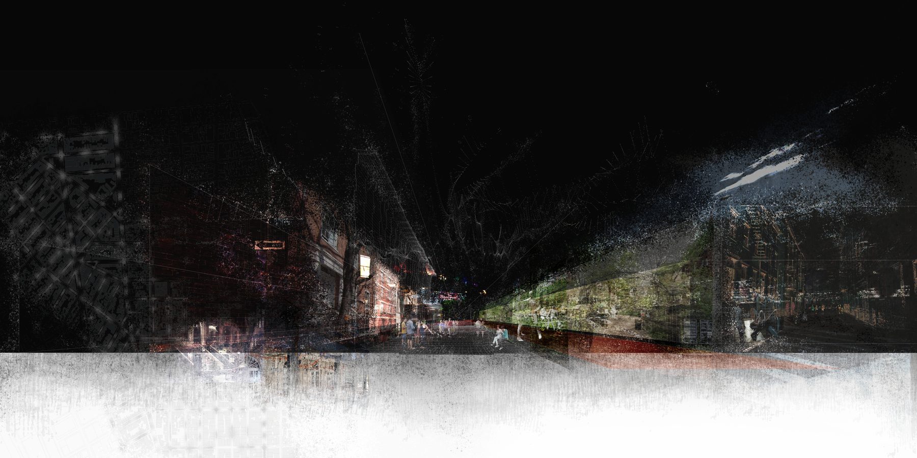 A street scene rendered through layered photographic and wireframe filters, dissolving into a white horizon.