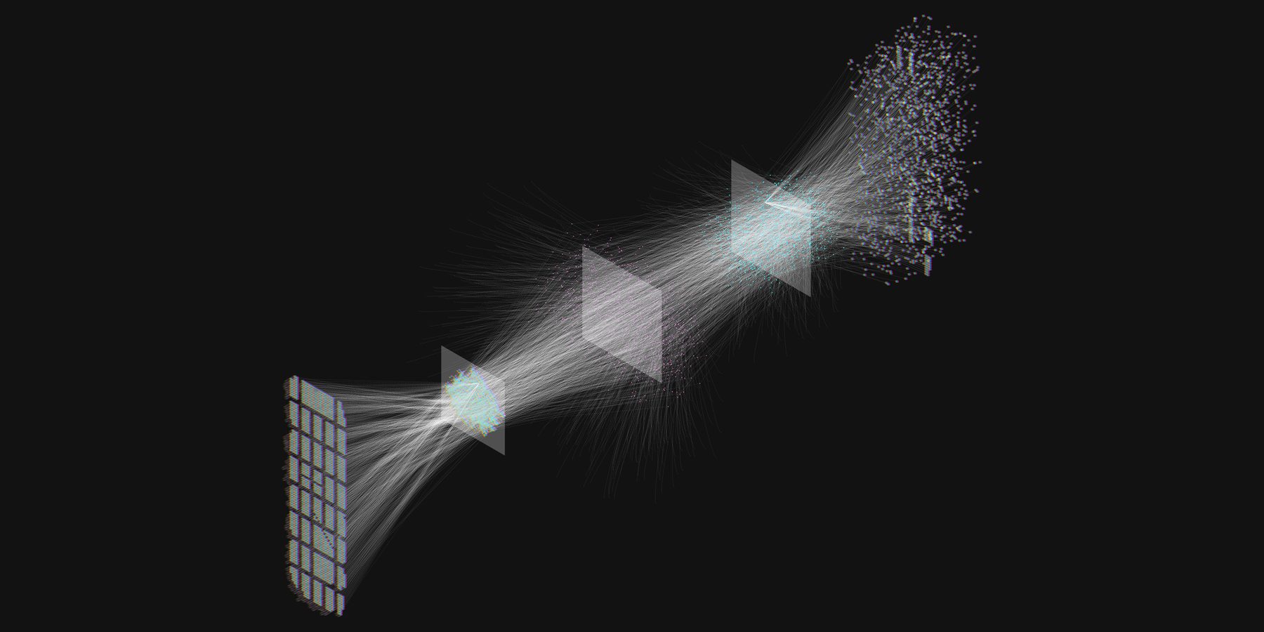 A diagram of light filtered through three prisms, the visual signal expanding into a field of particles.