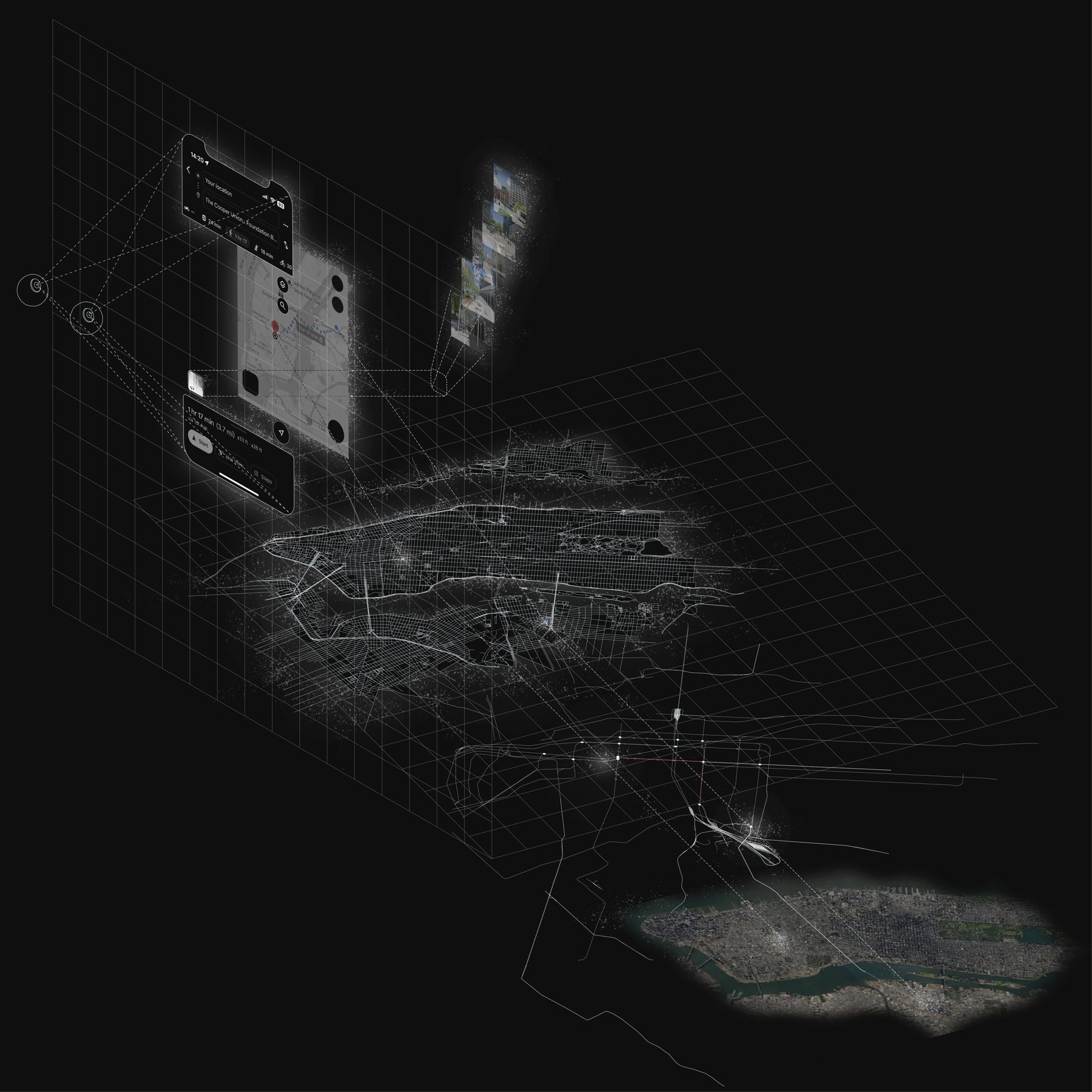 Syntheti-scape key visual — phone, satellite, urban scape